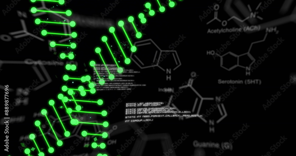 Image of dna strands over data processing and chemical formula on black background Image of dna strands over data processing and chemical formula on black background