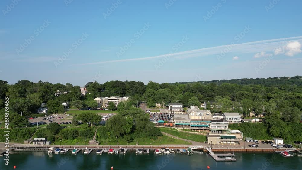 Aerial moving left over the Niagara River viewing the village of Lewiston in Niagara County in western New York, United States, on a sunny summer afternoon in July, 2024. Aerial moving left over the Niagara River viewing the village of Lewiston in Niagara County in western New York, United States, on a sunny summer afternoon in July, 2024.