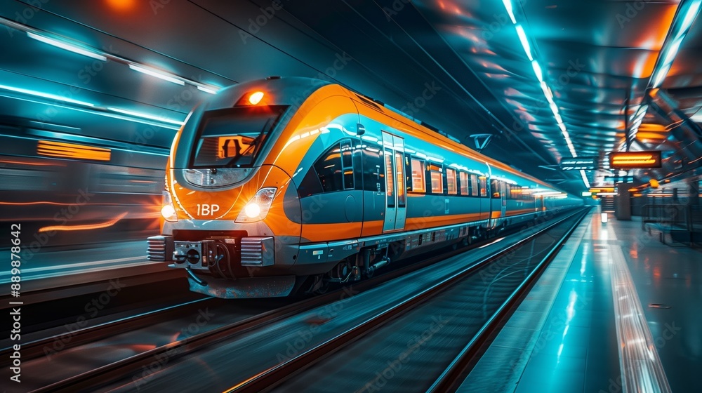 Fototapeta premium Modern Train Arriving at a Station Platform With Vibrant Lighting