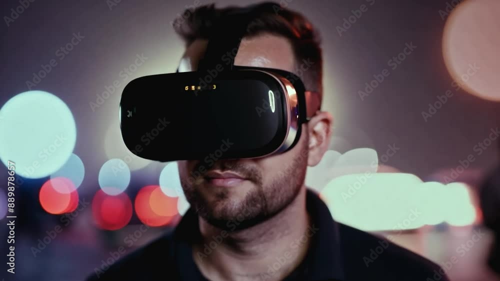 A man with a beard wears a virtual reality headset while walking through a city at night. A man with a beard wears a virtual reality headset while walking through a city at night.