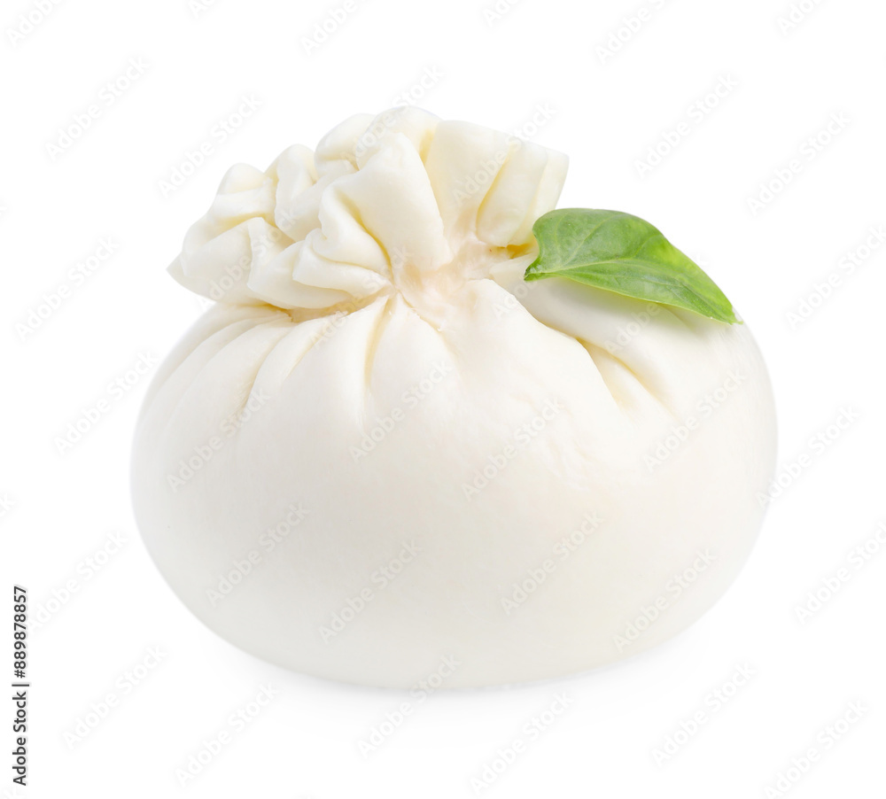 Fresh delicious burrata cheese and basil isolated on white Fresh delicious burrata cheese and basil isolated on white