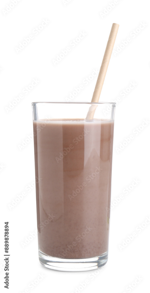Delicious protein shake in glass and straw isolated on white Delicious protein shake in glass and straw isolated on white