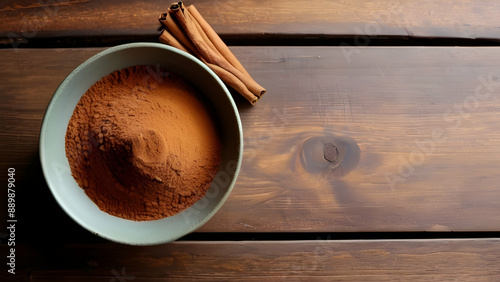 Top view of a bowl cinnamon powder and sticks on wooden table flat lay photo