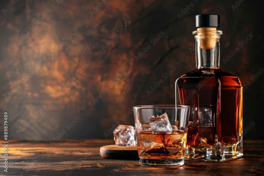 Whiskey and ice in a glass on a wooden table with a dark background, perfect for a business or travel setting Whiskey and ice in a glass on a wooden table with a dark background, perfect for a business or travel setting