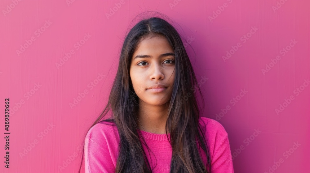 Fototapeta premium Young indian girl posing in front of vibrant pink wall with space for text, beauty and fashion concept