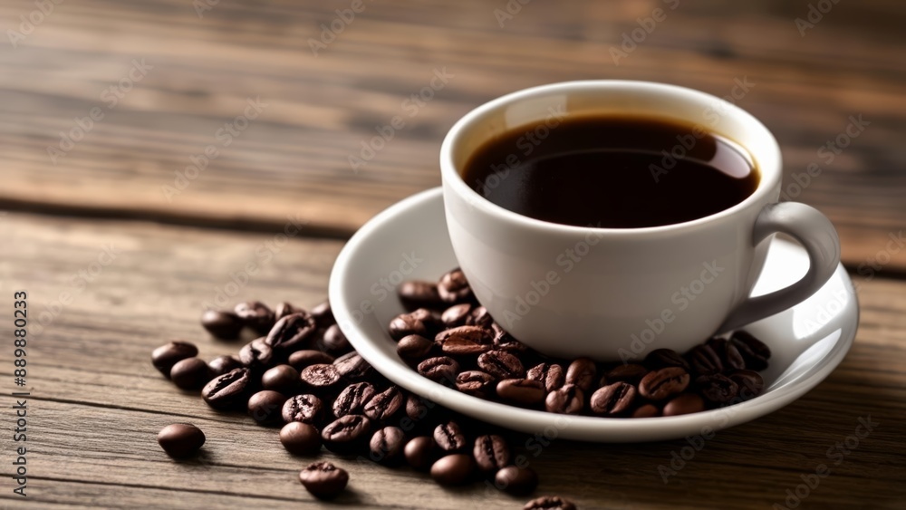 Aromatic coffee beans and a steaming cup of coffee Aromatic coffee beans and a steaming cup of coffee