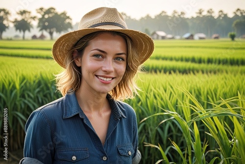 Female farmer in front of padi field of rice plants, Asian tropical farm plantation outdoors © Kheng Guan Toh