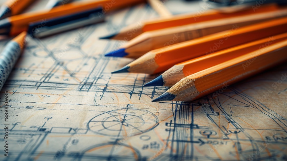 Closeup of Pencils on Blueprint Closeup of Pencils on Blueprint