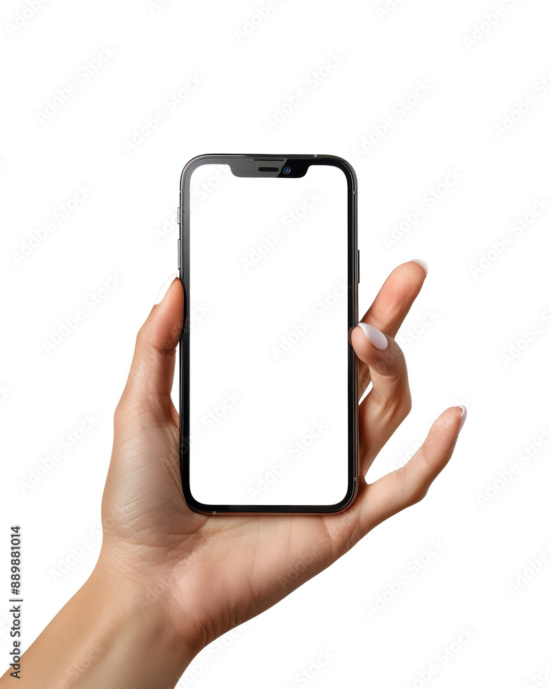 Hand holding a mobile phone with white blank display screen. Mock up template with transparent background Hand holding a mobile phone with white blank display screen. Mock up template with transparent background