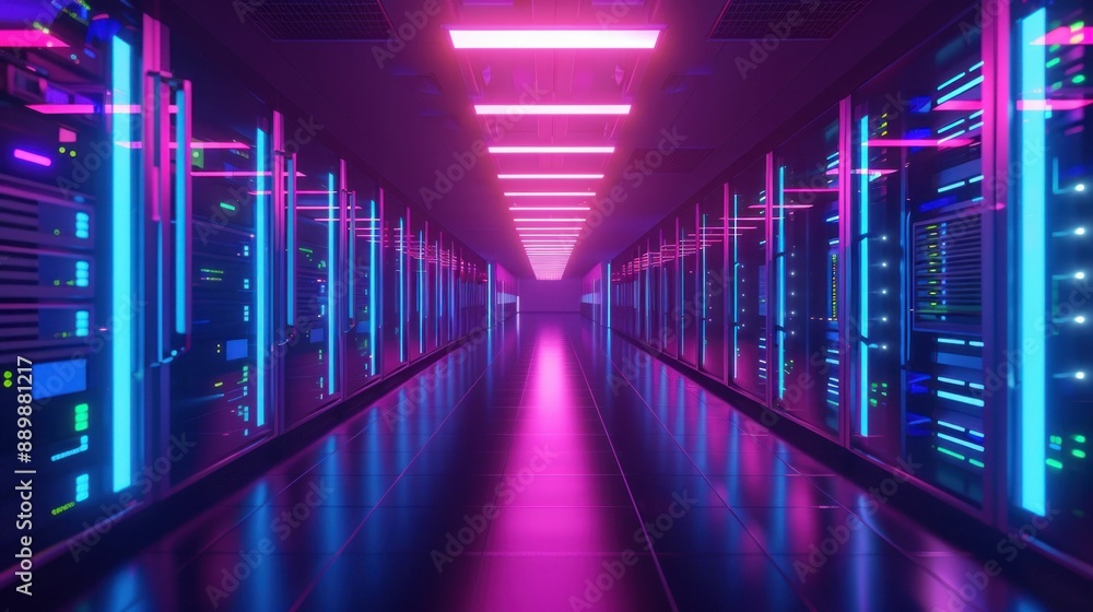 Fototapeta premium Futuristic Data Center Hallway with Neon Lights in the Middle for Technology and Business Design Concept