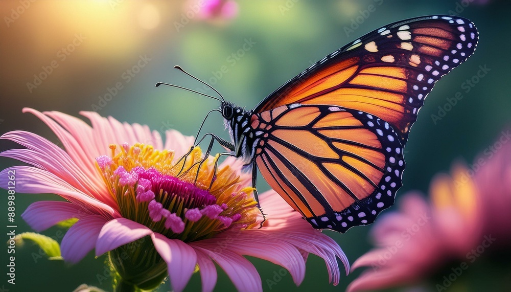 Fototapeta premium A vibrant monarch butterfly perched on a delicate pink flower, with a blurred green background