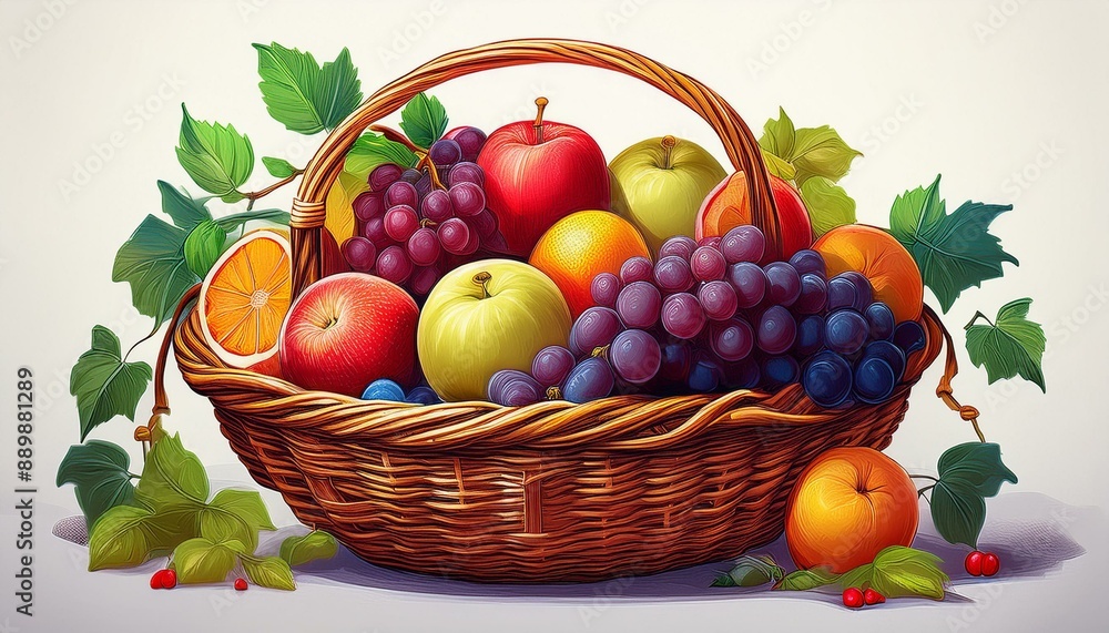 A wicker basket filled with colorful fruits like apples, oranges, and grapes, set on a simpl A wicker basket filled with colorful fruits like apples, oranges, and grapes, set on a simpl