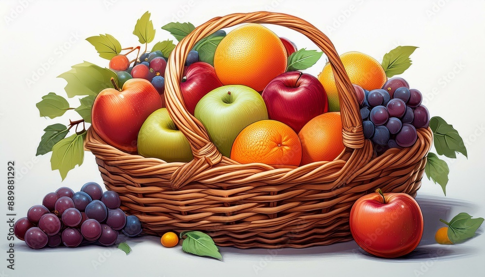 A wicker basket filled with colorful fruits like apples, oranges, and grapes, set on a simpl 