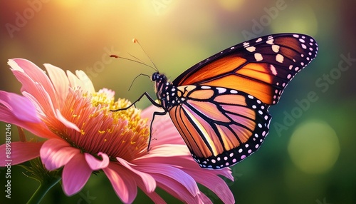A vibrant monarch butterfly perched on a delicate pink flower, with a blurred green background