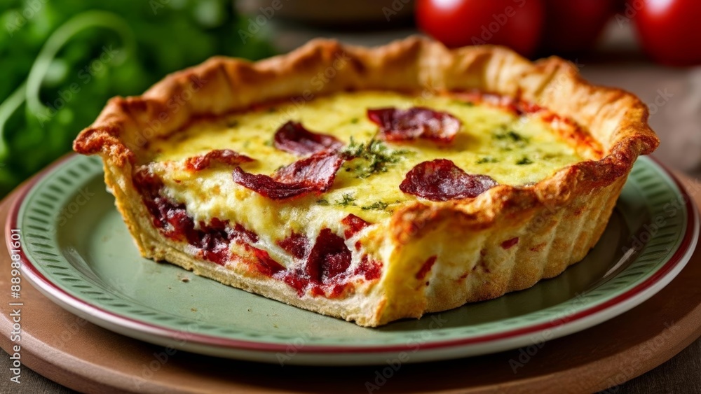 Deliciously baked quiche on a plate ready to be savored Deliciously baked quiche on a plate ready to be savored
