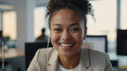Wallpaper Mural Happy blasian female businesswoman working at desktop computer in creative bright white office workplace. Young successful mixed race woman smiling o video Torontodigital.ca