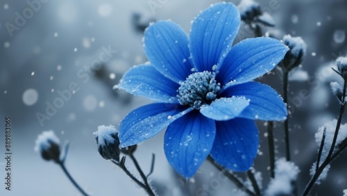  Snowflakes kiss the blue flowers petals #889883065