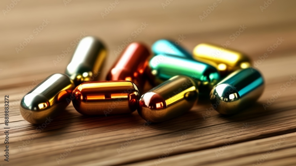 Vibrant capsules on wooden surface Vibrant capsules on wooden surface