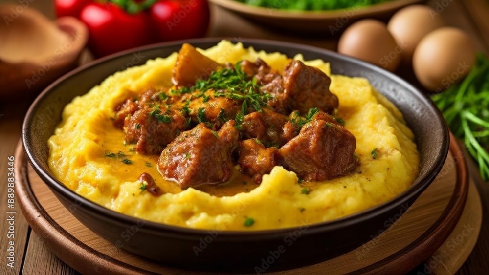 Delicious comfort food Mashed potatoes with meat and herbs Delicious comfort food Mashed potatoes with meat and herbs