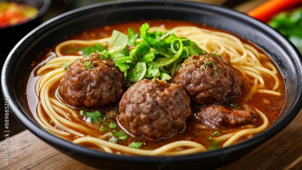 A hearty bowl of meatballs and noodles in a rich broth A hearty bowl of meatballs and noodles in a rich broth