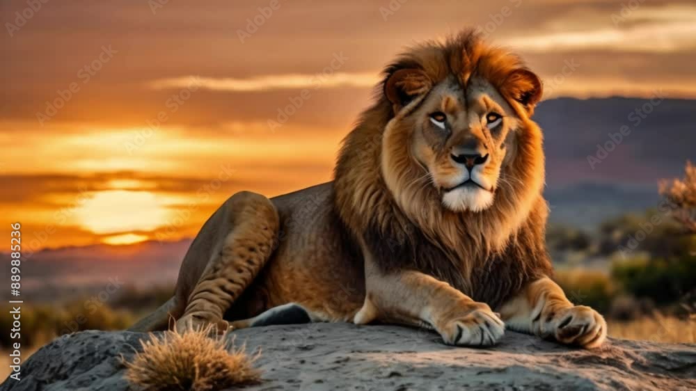 A majestic lion sitting on a rock with a sunset behind it A majestic lion sitting on a rock with a sunset behind it