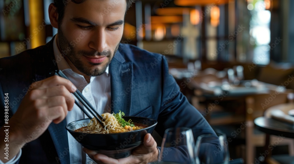 Man Eating Noodles in a Restaurant Man Eating Noodles in a Restaurant