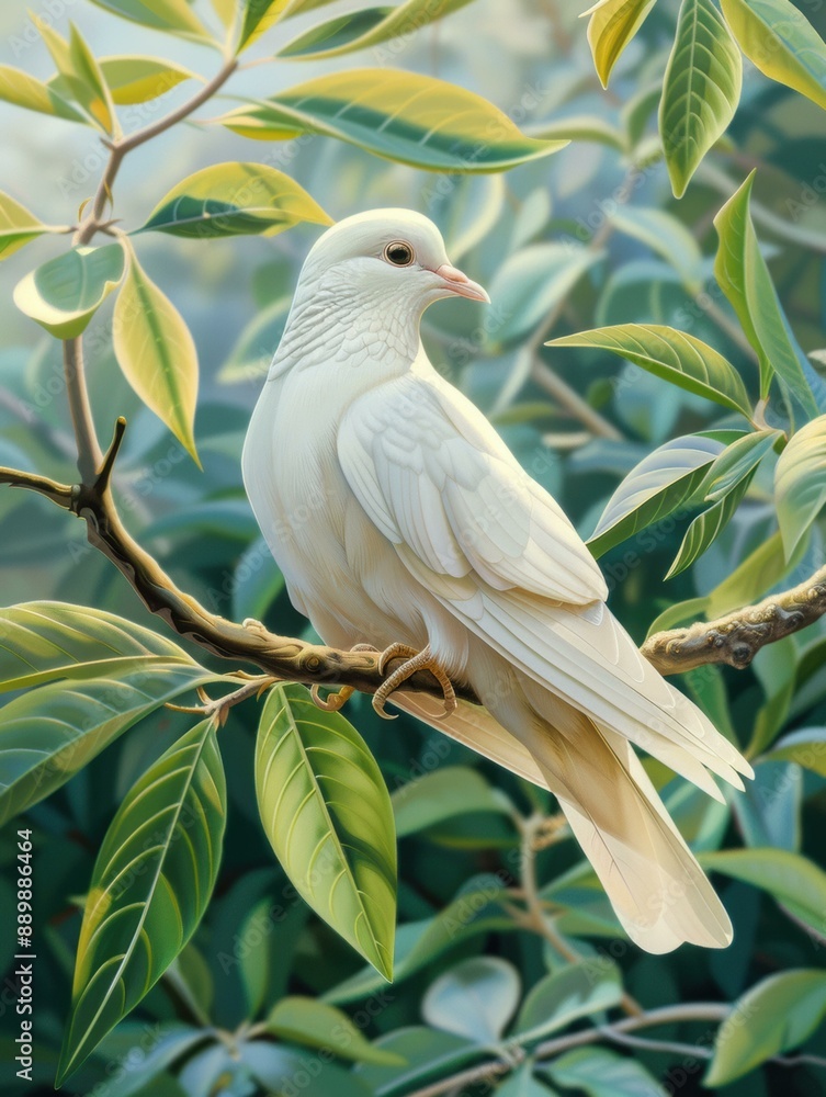 A beautiful white dove perched on a branch. AI. A beautiful white dove perched on a branch. AI.