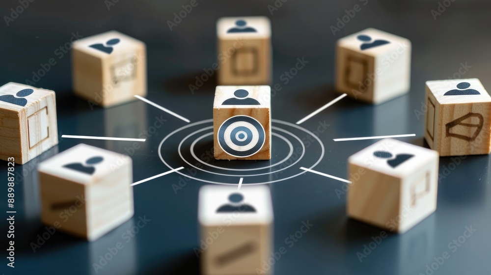 Customer Focus Group in CRM, Wooden Blocks Circle and Target Icon with Human Icons Connected by Lines Customer Focus Group in CRM, Wooden Blocks Circle and Target Icon with Human Icons Connected by Lines