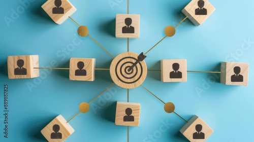 Customer focus group concept in CRM, Wooden blocks circle with target and human icons connected by lines