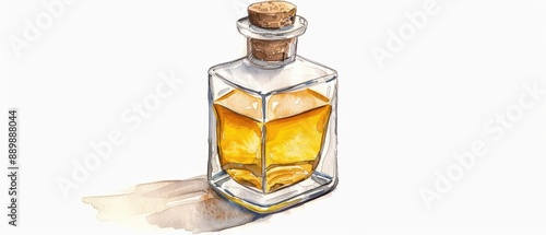 A bottle of tequila with a golden hue in watercolor, isolate on white background