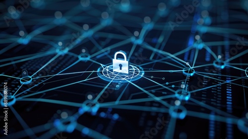 Cyber Security Concept, Network Diagram with Padlock Icon Ensuring Digital Device and Data Protection