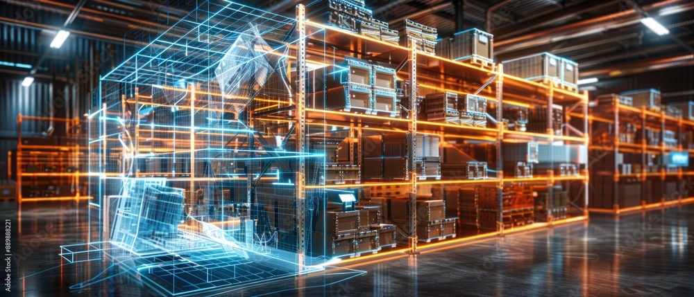 Futuristic digital warehouse using augmented reality: smart logistics, ecommerce and delivery concept in modern industry Futuristic digital warehouse using augmented reality: smart logistics, ecommerce and delivery concept in modern industry