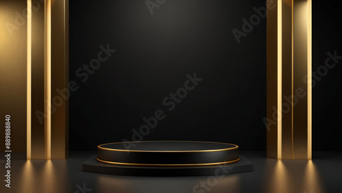 empty 3D product display podium with glowing gold line on podium with black background