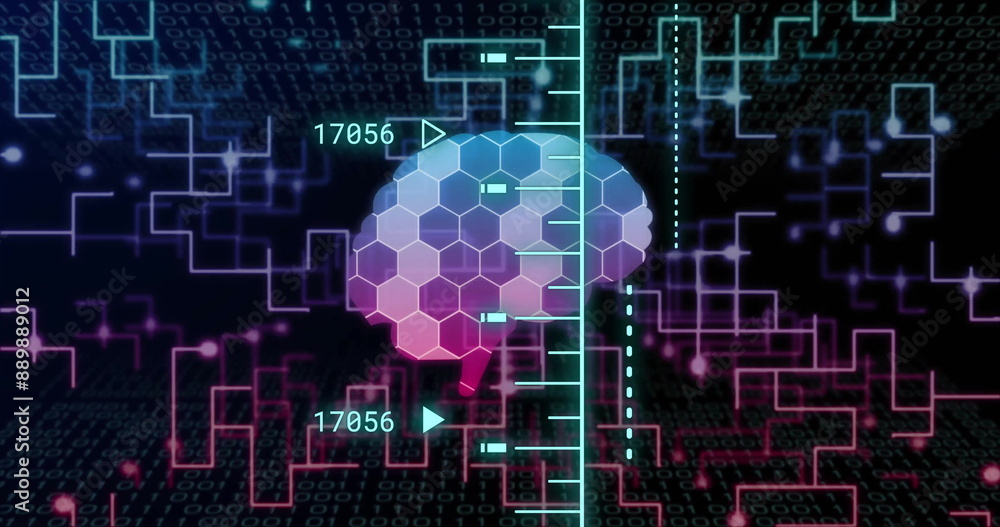 Image of human brain and digital data processing over black background Image of human brain and digital data processing over black background