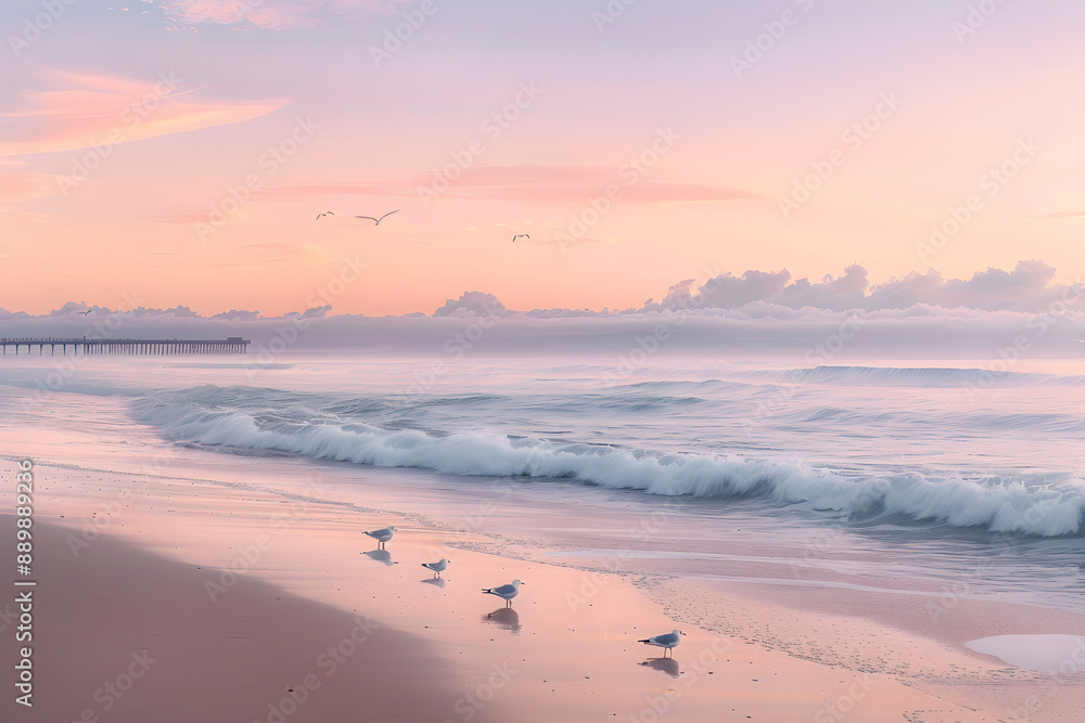 Dawn's Gentle Embrace: A Serene Coastal Landscape with Pier and Seagulls in Soft Pastel Sunrise Dawn's Gentle Embrace: A Serene Coastal Landscape with Pier and Seagulls in Soft Pastel Sunrise