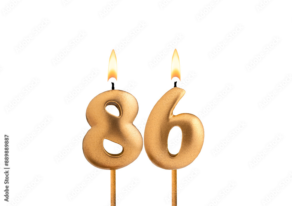 Golden candle number 86 - Birthday on white background Golden candle number 86 - Birthday on white background