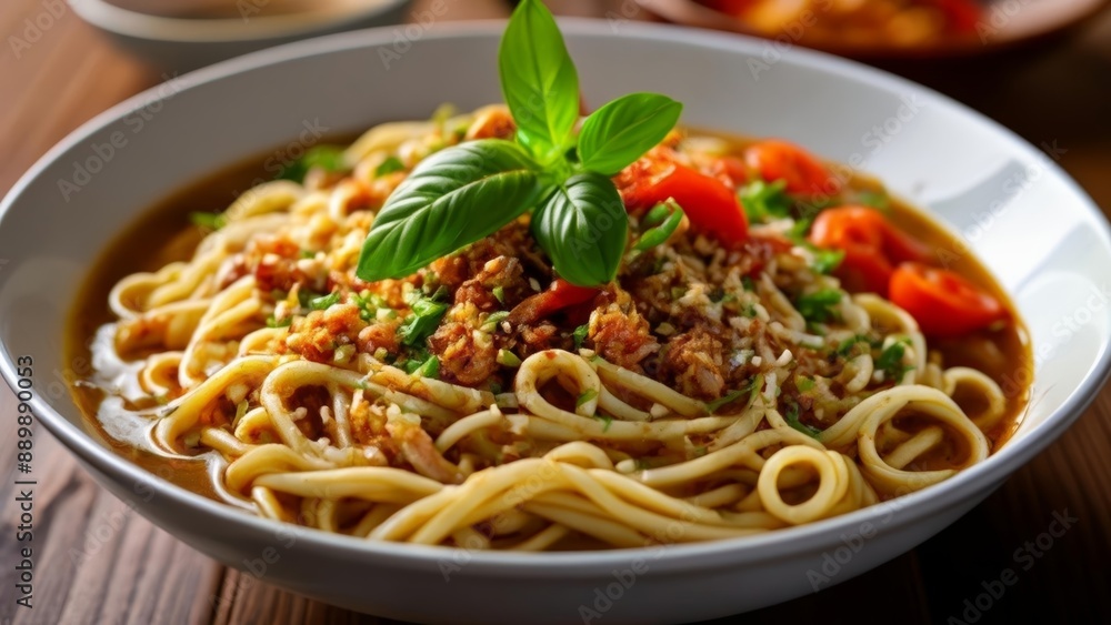 Delicious noodle dish with fresh basil and vibrant vegetables Delicious noodle dish with fresh basil and vibrant vegetables