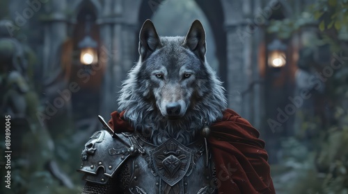 A wolf in a knights armor is guarding a supernatural castle in a mystical woodland photo