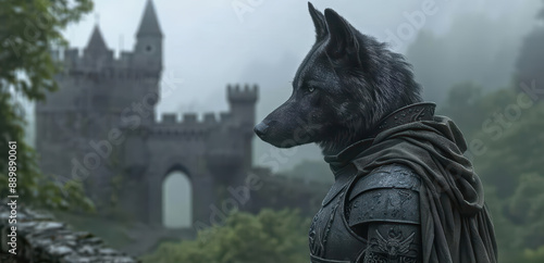 A wolf in a knights armor is guarding a supernatural castle in a mystical woodland photo