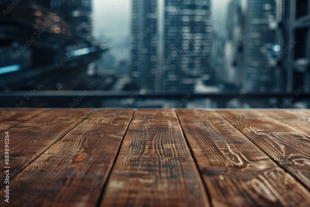 An empty wooden table top occupies an ultramodern, supernatural scene, with copy space, where the background fades into a futuristic blend of sleek skyscrapers and flying vehicles An empty wooden table top occupies an ultramodern, supernatural scene, with copy space, where the background fades into a futuristic blend of sleek skyscrapers and flying vehicles