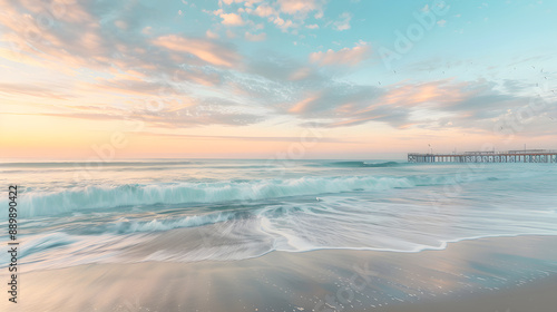 Dawn's Gentle Embrace: A Serene Coastal Landscape with Pier and Seagulls in Soft Pastel Sunrise