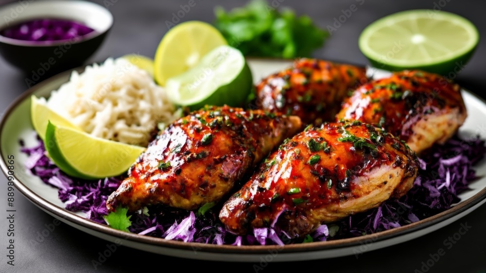 Delicious grilled chicken with lime and herbs served with rice Delicious grilled chicken with lime and herbs served with rice