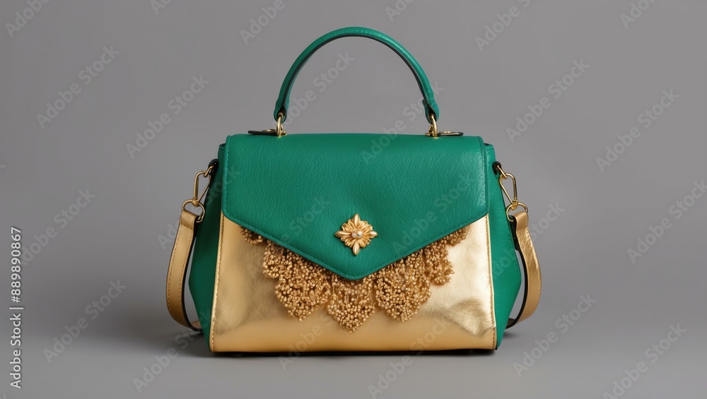 aesthetic green and gold shoulder bag in grey backgrou background aesthetic green and gold shoulder bag in grey backgrou background