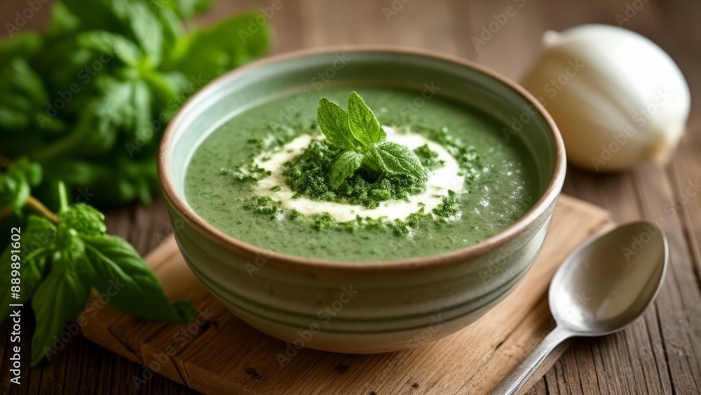 Freshly blended green soup with a touch of mint ready to be savored Freshly blended green soup with a touch of mint ready to be savored