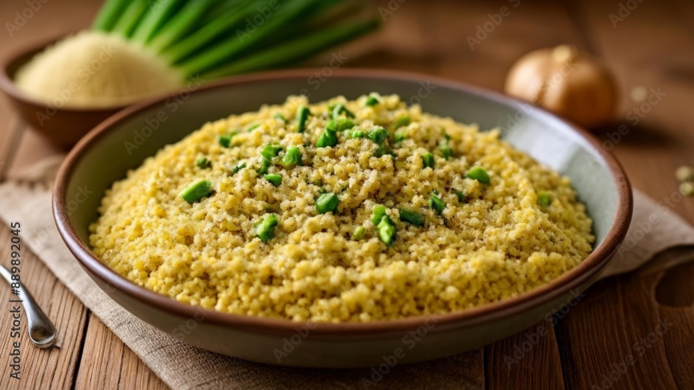 Deliciously seasoned couscous with a hint of green garnish Deliciously seasoned couscous with a hint of green garnish