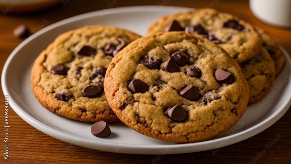 Deliciously tempting chocolate chip cookies on a plate Deliciously tempting chocolate chip cookies on a plate
