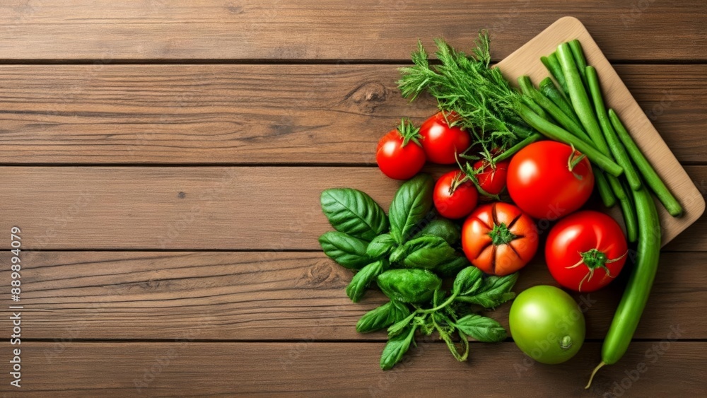 Fresh produce on rustic wooden surface Fresh produce on rustic wooden surface