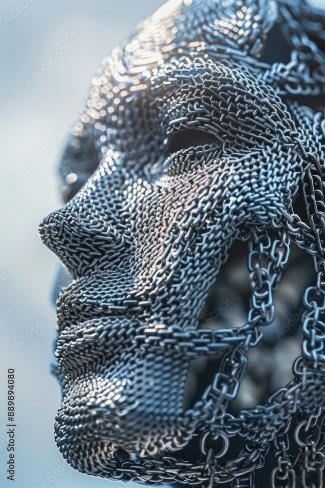 A chain forming a human face shape, with each link representing an essential part of the whole. In a digital information style A chain forming a human face shape, with each link representing an essential part of the whole. In a digital information style