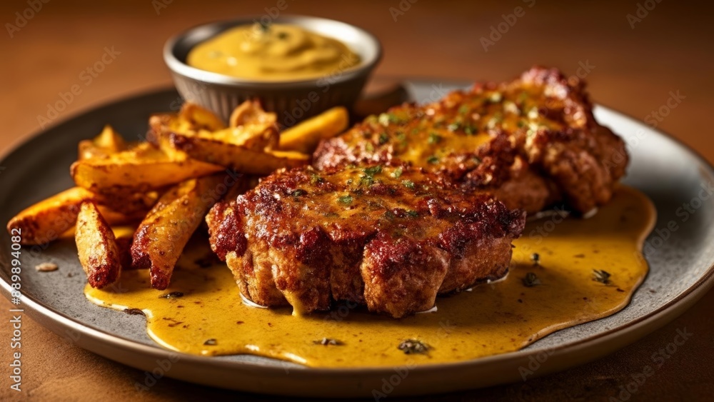 Deliciously grilled steak and fries with a creamy sauce ready to be savored Deliciously grilled steak and fries with a creamy sauce ready to be savored
