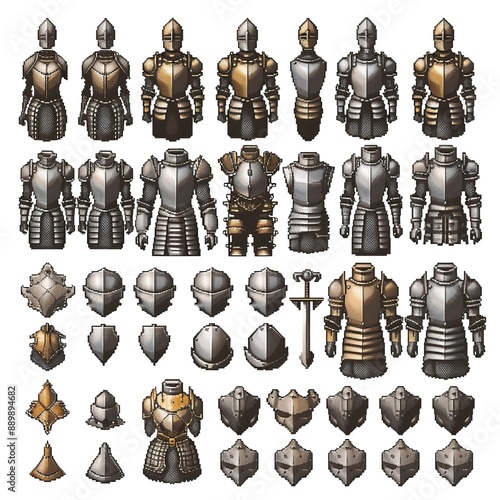 Detailed pixel art collection of medieval armor and shields in various styles and colors photo